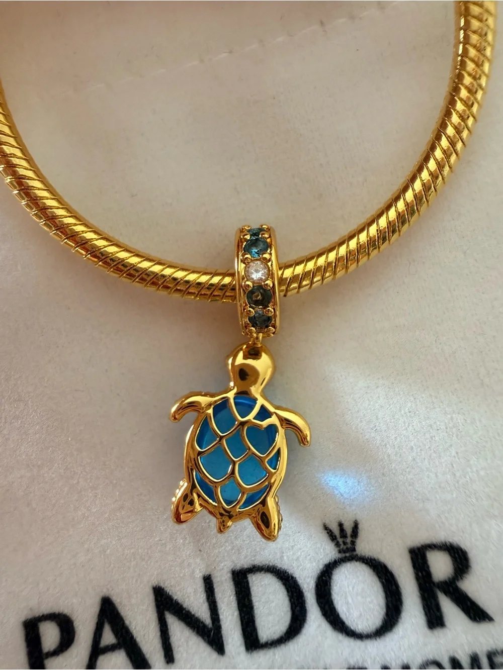 Pandora Gold Turtle Charm with Teal Stones